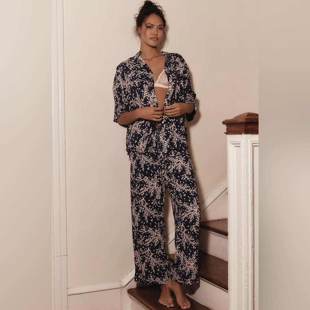 Anthropologie Papinelle Cotton Cheri Blossom Pajama Set Lounge - Navy/Pink
